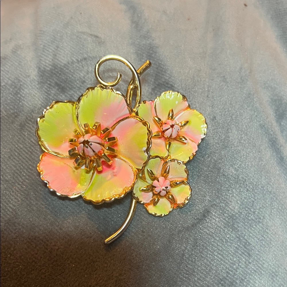 Iridescent Pink & Yellow Enamel Flower Brooch